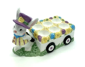 Vintage 1999 Figi Ceramic Easter Egg Holder Decorative Cart Rabbit Pulling Wagon - Picture 1 of 8