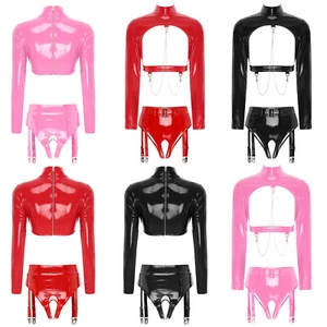 Womens Bar Set Lingerie Romper Underwear Crop Top Sleepwear Patent Leather 2pcs - Picture 1 of 50