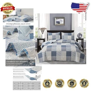 Luxurious 3-Piece Plaid Quilt Set, King Size Reversible Bedspread in Navy White - Picture 1 of 9