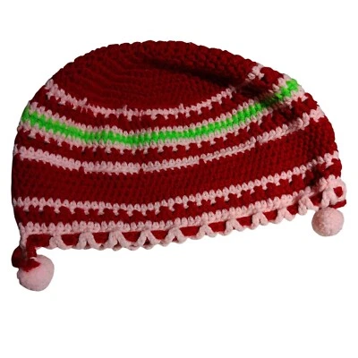 Sombrero de ganchillo vintage hecho a mano rojo blanco verde patrón de rayas con ribete de pompón Foto 1 de 4