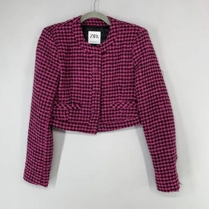 Chaqueta ZARA Recortada Tweed Botón Mujer Pequeña Rosa Manga Larga Forrada Usada - Imagen 1 de 11