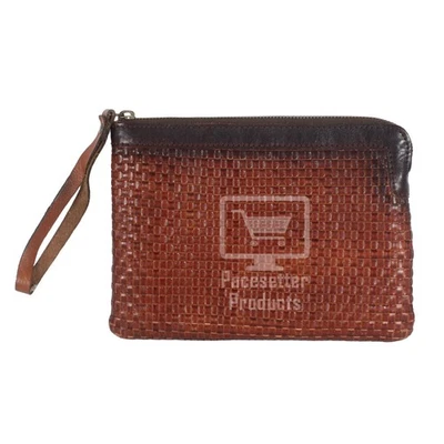 Patricia Nash 9 英寸十字编织棕色皮革全拉链腕带手拿包 — 第 1/4 张图片