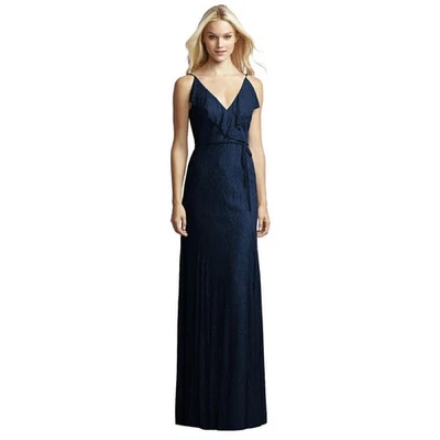 NEW Jenny Yoo JY519 Midnight Blue Lace Ruffle V Neck Formal Gown Dress Sz 12 - Image 1 of 4