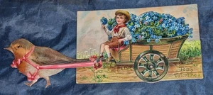 Antique 1900s Mechanical Valentine Moveable Bird Feet & Cart Wheels Vtg Postcard - Picture 1 of 5
