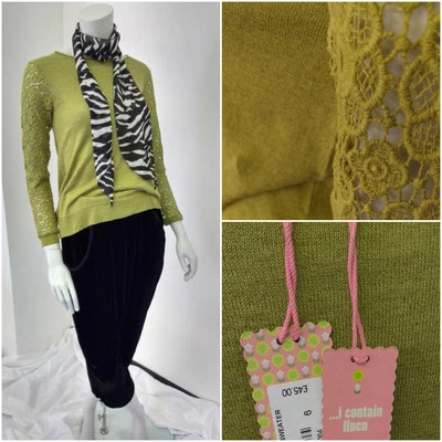WHITE STUFF Olive Green Lace Sleeve Jumper Top Linen Cotton RRP £45 UK 6 10 18 - Image 1 of 4