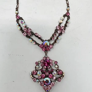 Felicia Woman’s Necklace Costume Jewelry Pink Rhinestones Copper Look Chain Sign - Picture 1 of 8