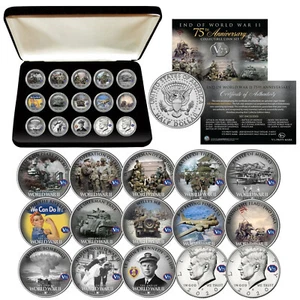 WORLD WAR II End of WWII 75th Anniversary JFK Half Dollar 15-Coin Set with BOX - Picture 1 of 3