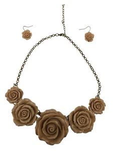18.5" Pink Cream 5 Flower / Rose Necklace with Earings set - Picture 1 of 19
