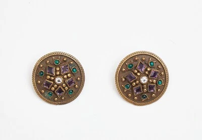 Vintage Earrings, Gold Metal, Green, Crystal and Cyclamen Stone, clip on - Image 1 of 2