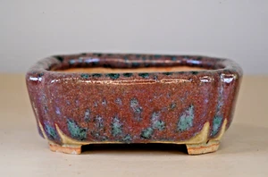 Japanese Bonsai Pot AKINAO 3.8"(9.6cm) Green/Red Glazed Rectangle Y806 - Picture 1 of 11
