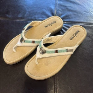 New Minnetonka Silverthorne White/blu Leather Flip Sandals Flop ThongWomens Sz:9 - Picture 1 of 11