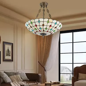 Tiffany Style Vintage Chandelier Stained Glass Flush Mount Ceiling Light Fixture - Picture 1 of 13