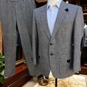 Vintage BarleyCorn Tweed Suit 42r 35x29 Flecked Tweed Suede Elbow Pads - Picture 1 of 23