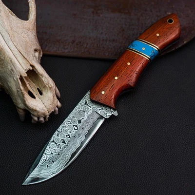 Gift-Ready 9" Damascus / Steel Knife Full Tang Wild Blades + Leather Sheath - Image 1 of 4