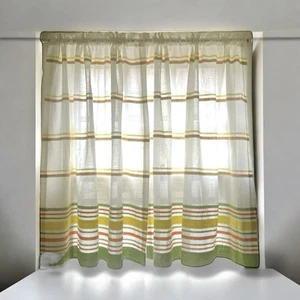 VTG 70’s Sears Perma Prest Curtain Panels Green Orange Striped Retro Kitchen - Picture 1 of 14