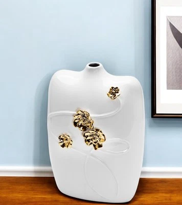 14" White Floral Ceramic Table Vase With Sculptural Details - Image 1 of 4