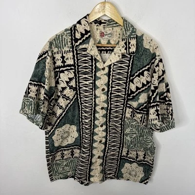 Camisa Hilo Hattie Abotonada S/S Algodón Tela Corteza Negra y Verde XL Hecha en Hawai Foto 1 de 4