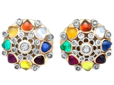 Antique Gemstone and 0.48Ct Diamond 9k Yellow Gold Cluster Earrings - Image 1 of 4