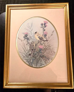 Vintage F. Massa Artwork Print Goldfinches Perched On Tree - Picture 1 of 1