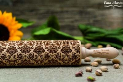 Wooden Rolling Pin Embossed Damask dough Roller Carved cookie Mold Textured - Image 1 of 4