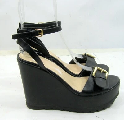 Nuevo Negro 4.5" Cuña Tacón 1.5" Plataformas Correas al Tobillo Zapatos MUJERES Talla 5.5 Foto 1 de 4