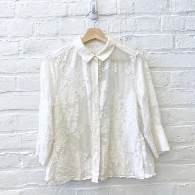 Equipment || Esme Silk Blend Burnout Lace Floral Button Down White Small - Image 1 of 4