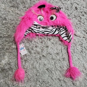 NWT Justice Girl's Winter Hat Fuzzy MONSTER Hot Pink Zebra Beanie - Picture 1 of 4