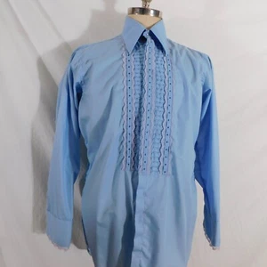Vtg 70s After Six Mens Sz L 16 33 Blue Tuxedo Shirt Ruffles Pointed Collar - Picture 1 of 10