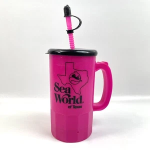 Sea World Of Texas Shamu Vintage Fluorescent Pink Drink Plastic Mug Cup Souvenir - Picture 1 of 18