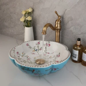 Blue White Bathroom Vessel Sink 16" Flower Bird Ceramic Bowl With Faucet + Drain - Picture 1 of 13