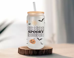Spooky Season Frosted Glass Can W Bamboo Lid 16 Oz Halloween Glass Cup by Mugzan - Picture 1 of 6