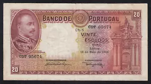 PORTUGAL BANKNOTE - 20 ESCUDOS - CH.5 - P143 - 1938 ๐ต๐น - Picture 1 of 3