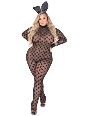 Plus Size XL-3X Sheer Playboy Bunny Bodysuit 2Pc Womens Halloween Roleplay Ideas - Image 1 of 4