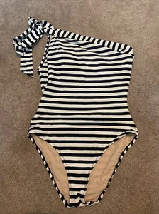 J Crew womens regular navy and white striped bathing suit size 4 tie strap - Picture 1 of 4