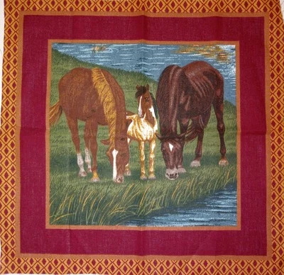"Family of Horses" - Maroon/Gold Border - Cotton Fabric Panel     1l.25"x11" - Image 1 of 2
