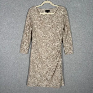Tahari Dress 10 Tan Cream Knee Lace Ruched Sheer Stretch Mother Neutral Evening - Picture 1 of 12