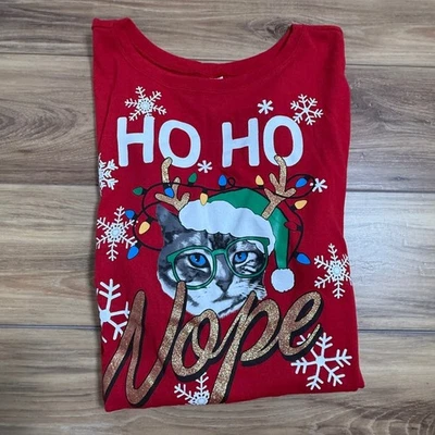 Camisa Top Mujer Roja Manga Larga Gato "HO HO Nope" Navidad Talla 3XL Foto 1 de 4