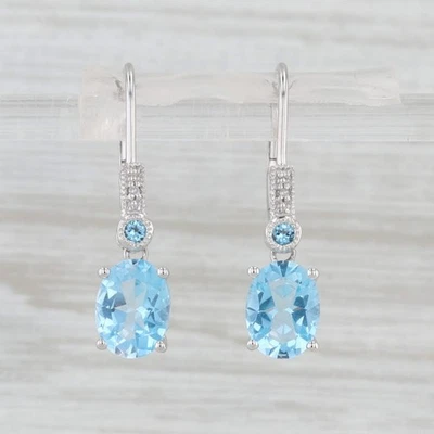 2.84ctw Blue Topaz Diamond Drop Earrings 10k White Gold Lever Back Drops - Image 1 of 4