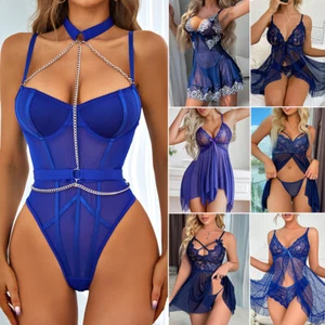 Womens Sexy V-Neck Lingerie Lace Dress Bodysuit Sleepwear Lace G-Thong Underwear - Picture 1 of 171