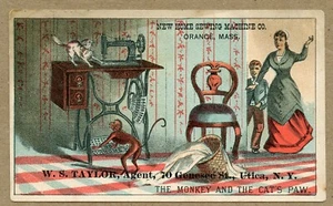 New Home Sewing Machine Co Victorian Trade Card Monkey & the Cat's Paw Utica NY - Picture 1 of 2