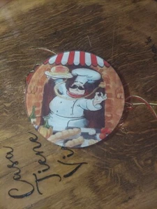 Round Glass Cutting Board / Trivet, app. 8", FAT CHEF WITH TRAY & BREADS - Picture 1 of 4