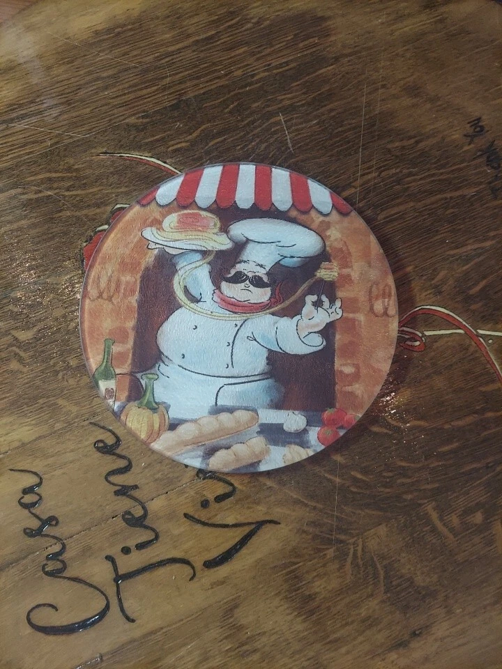 Round Glass Cutting Board / Trivet, app. 8", FAT CHEF WITH TRAY & BREADS - Image 1 of 4