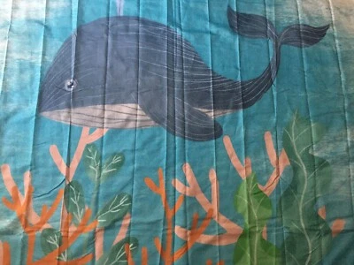 Whales Shower Curtain Blue Teal Peach PinkGreen Nautical Sea - Image 1 of 4