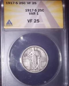 1917-S Standing Liberty Quarter, ANACS VF25, Type one, Tougher Date, Issue Free - Picture 1 of 2