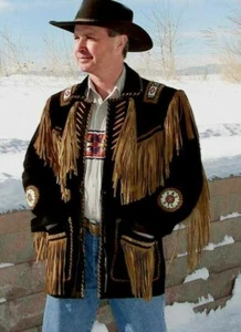 Herren Western Wear Cowboy Buckskin Schwarz Wildleder Lederjacke Fransen Perlen MJ66 - Bild 1 von 3