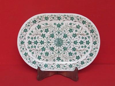 Bandeja de mármol incrustación trabajo hecho a mano artesanía piedra Pietra dura decoración del hogar Foto 1 de 4
