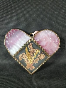 Vtg Heart Pink Stained Glass Suncatcher Hanging Ornament Pressed Floral Insert  - Picture 1 of 8
