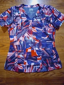 Barco One Scrub Top Womens Small Red White And Blue Design Stretch VNeck Pockets - Picture 1 of 4