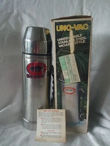 Vintage Uno-Vac Unbreakable Stainless Steel Vacuum Bottle Thermos 1 Quart W/Box - Picture 1 of 16