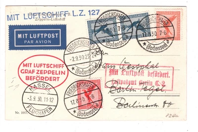 GERMANY GRAF ZEPPELIN Air Mail Card 1930 MIT LUFTSHIFF LZ127 Berlin Kassel KZ223 - Image 1 of 4